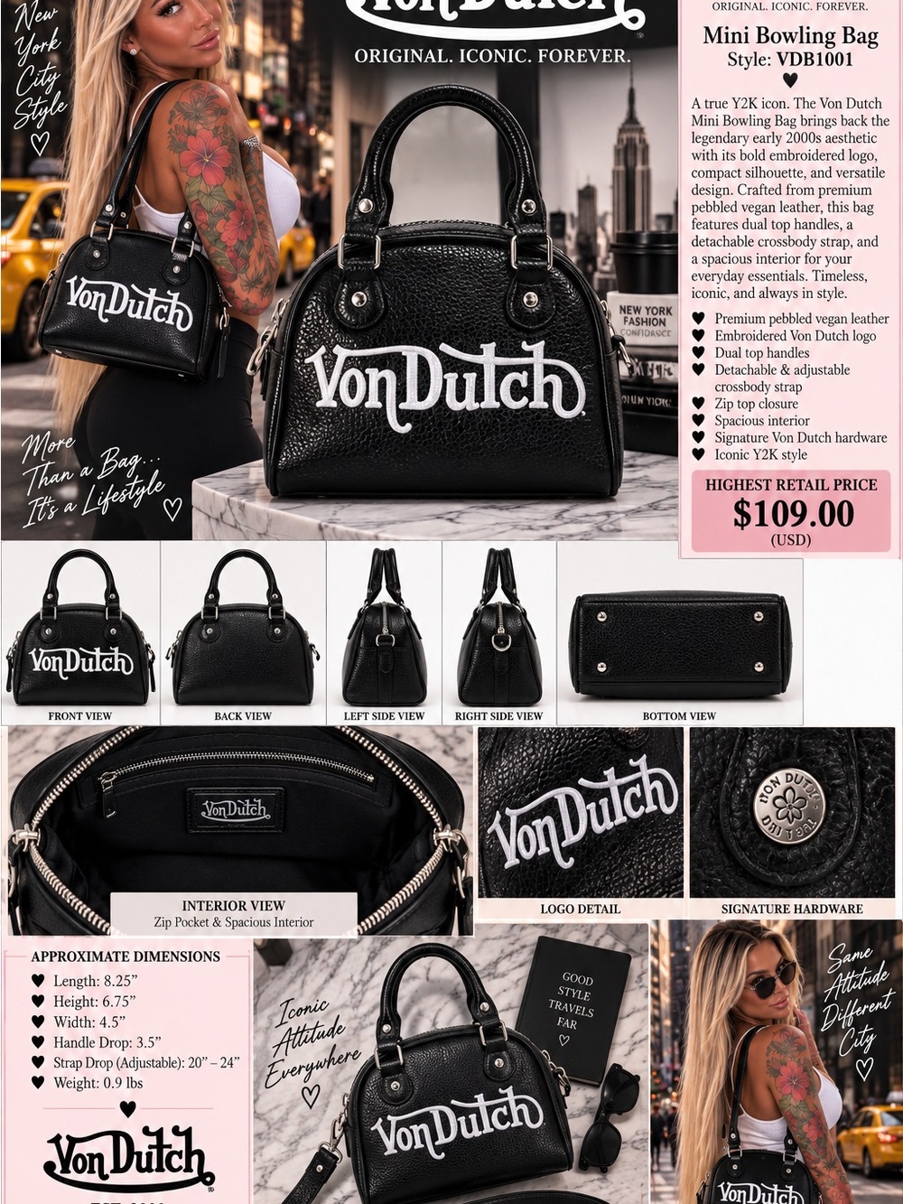 Von Dutch Black Dome Satchel with White Logo - Picture 6 of 7
